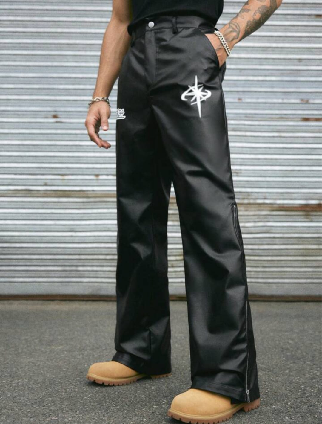Men's Black Faux Leather Flared Pants with Side Zipper – Streetwear Statement Trousers